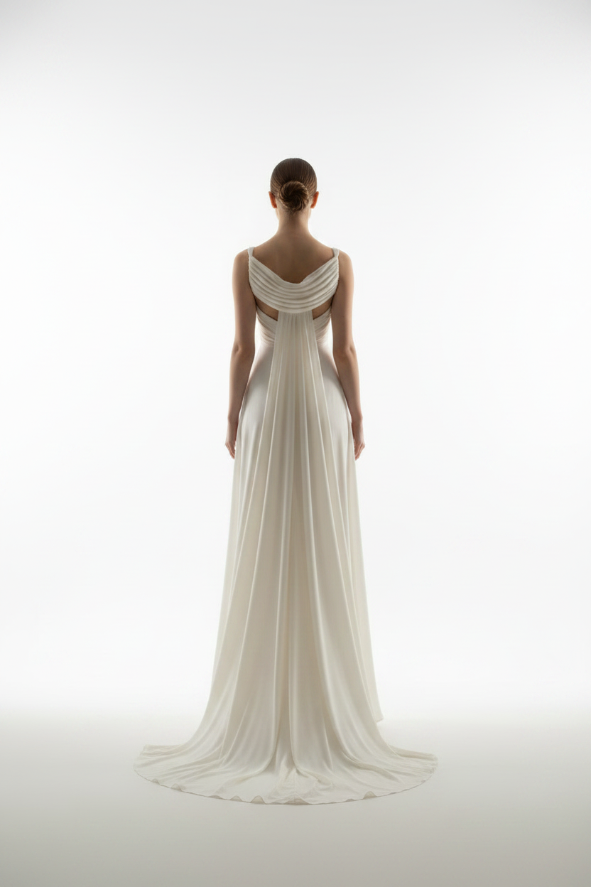 Vestido Maxi Elegante em Seda Marfim - Vista de Costas